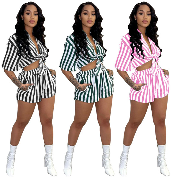 Women Summer Striped Shirt And Shorts With Pockets Two Piece Set