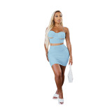Women Summer Sexy Backless Solid Color Crop Top And Mini Dress Two-Piece Set