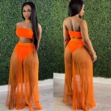 Women's pleated mesh see-through sexy strapless two-piece skirt set