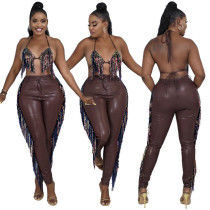 Tassel Strap PU Leather Pants Sexy Trend Tight Women's Two Piece Pants Set