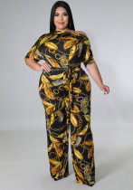 Women Autumn Gold Modest Slash Neck Half Sleeves Print Belted Full Length Loose Plus Size Jumpsuit