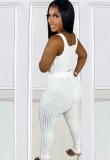 Women Summer White Casual Strap Sleeveless High Waist Solid Skinny Two Piece Pants Set