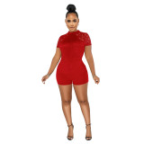 Women summer short sleeve contast with lace slim fit romper
