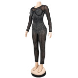 sexy mesh beaded perspective jumpsuit long-sleeved nightclub women