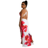 spring dress red flower print open back slit long skirt