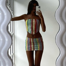 Summer Women Fashion Stripe Print Wrap Vest And Mini Skirt Two Piece Set