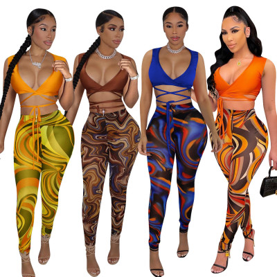 Summer women's fashion mesh pants print bandage suit