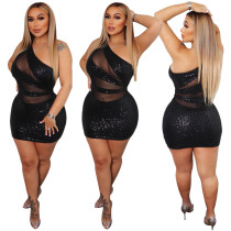 Sequin patchwork mesh see through tight sexy plus size women's dress