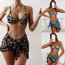 Anti-glare three-piece swimsuit multicolor leopard print tassels skirt swimsuit women