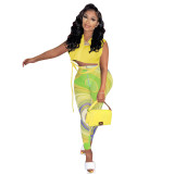 Summer women's solid color sleeveless shirt mesh pants printing suit