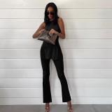 Summer Women's Solid Color Sleeveless Crew Neck T-Shirt Micro Flared Pants Sports Casual Suit