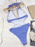Women Blue Halter V-Neck Solid Hollow Out One Piece Swimsuit