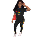 Fashion Women Embroidered Colorful Letters Round Neck Sports Casual Short Sleeves Two Piece Set