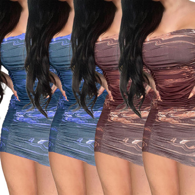 Women Summer Printed Sling Pleated Hip Slim Sexy Dress