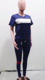 women's summer patchwork striped casual sports short-sleeved trousers suit women