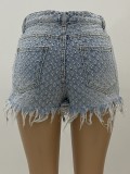 Women Summer Blue Pencil Pants High Waist Zipper Fly Solid Tassel Short Regular Jeans Shorts