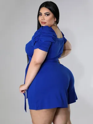 Women Summer Blue Casual Square Collar Short Sleeves Solid Belted Short Regular Plus Size Jumpsuit