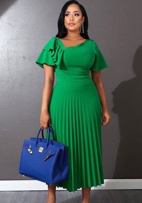 Women Summer Green Modest Slash Neck Short Sleeves Solid Ruffles Midi Pleated Office Dress