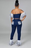 Women Summer Dark blue Casual Off-the-shoulder Wrist Sleeves High Waist Patchwork Ruffles Skinny Two Piece Pants Set