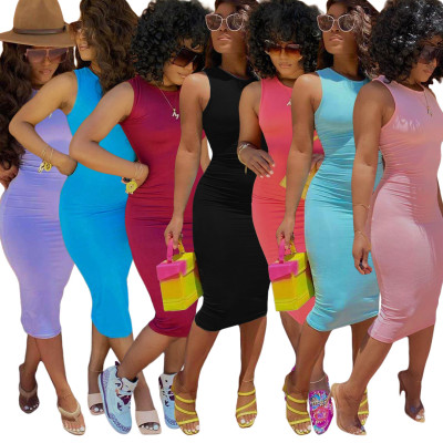 Women's Spring/Summer Sexy Round Neck Solid Color Multicolor Bodycon Dress