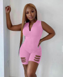 Hole solid color sexy fashion zipper jumpsuit