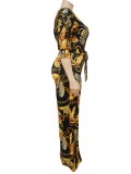 Women Autumn Gold Modest Slash Neck Half Sleeves Print Belted Full Length Loose Plus Size Jumpsuit