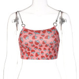 Women Summer Strawberry Pattern Printed Chain Straps Vest