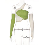 Women Spring Slanted Shoulder Irregular Patchwork Contrast Color Knit Slim Fit Crop Top