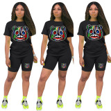 Women Casual Sports Colorful Head Print T-Shirt And Shorts Two-Piece Set