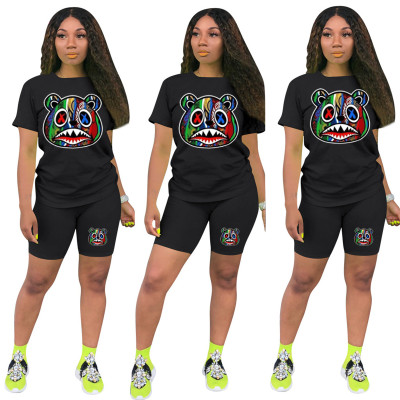 Women Casual Sports Colorful Head Print T-Shirt And Shorts Two-Piece Set