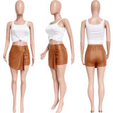 Summer New Fashion Sports PU Culottes Stretch Leather Pants Shorts