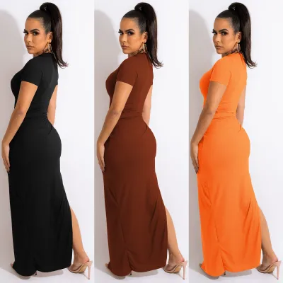 Women's Sexy Slit Crew Neck Short Sleeves Long Smocked Dress