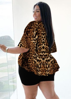 Women Summer Printed Casual V-neck Half Sleeves High Waist Leopard Print Bow Regular Plus Size Two Piece Short Set