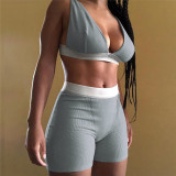 Spring and summer sexy V-neck vest five-point pants sports yoga Two Piece Set