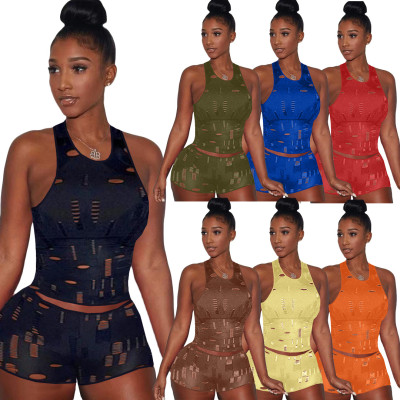 Ladies Fashion Casual Knit Ripped Sleeveless Tank Top Two Piece