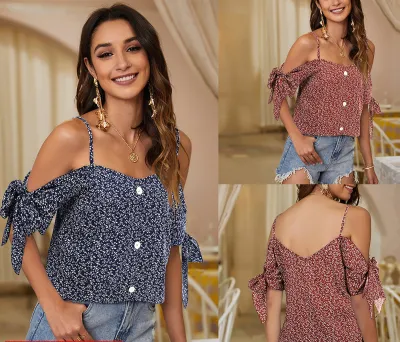 summer halter camisole blue loose women's clothing pullover off shoulder printed vest top