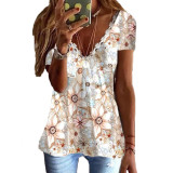Spring Summer Casual Printed Lace V-Neck Short Sleeve T-Shirt