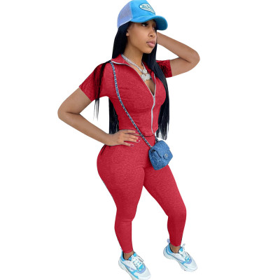 Women's Summer Casual Zipper Sports Suit Solid Color Short Sleeve Two Piece Set