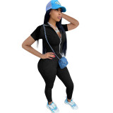 Women's Summer Casual Zipper Sports Suit Solid Color Short Sleeve Two Piece Set