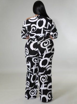 Women Autumn Black Modest Slash Neck Half Sleeves Letter Print Belted Full Length Loose Plus Size Jumpsuit