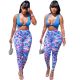 Women Summer Sexy Fashion Sleeveless Crop Top And Print Pant Two Piece Set