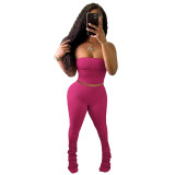 Women Summer Sexy Solid Crop Top And Stacked Pant Two-Piece Set