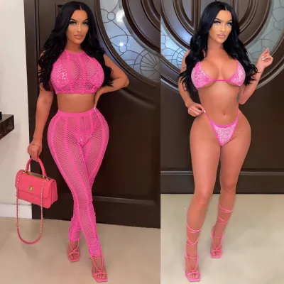 Women Sleeveless Character Mesh sleeveless crop top and pant inside hot drilling bikini set 4-piece swimsuit