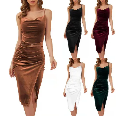 Spring Summer Women Sexy Slit Straps Dress