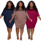 Plus Size Women Loose Solid Color Pleated Round Neck Loose Dress