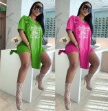 Women Summer Pop Letter Print Short Sleeve Top And Shorts Casual Two Piece Set