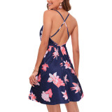 Summer Women Printed Backless V-Neck Dress
