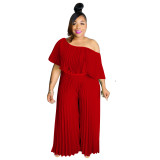 Women Fashion Pleated Solid Color Elegant Casual Jumpsuit
