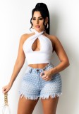 Women Summer Blue Pencil Pants High Waist Zipper Fly Solid Tassel Short Regular Jeans Shorts