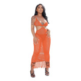 Women's Solid Color Casual Knit One Piece Fringe Beach Dress